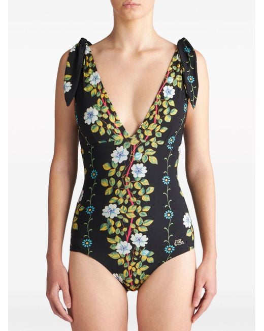 Etro Black Floral-print V-neck Swimsuit
