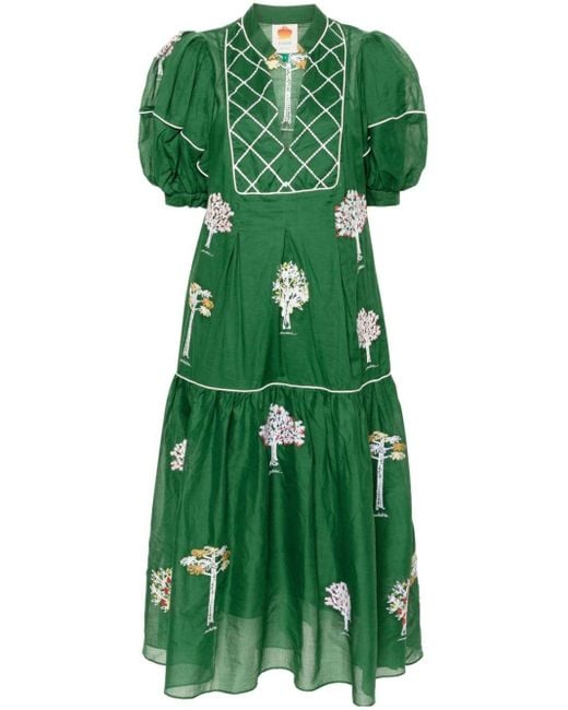 Farm Rio Green Trees-embroidered Cotton Midi Dress