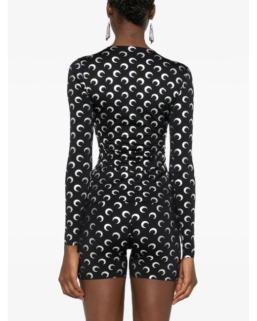 MARINE SERRE Black Moon Foil Printed Jersey Ls Crewneck Top