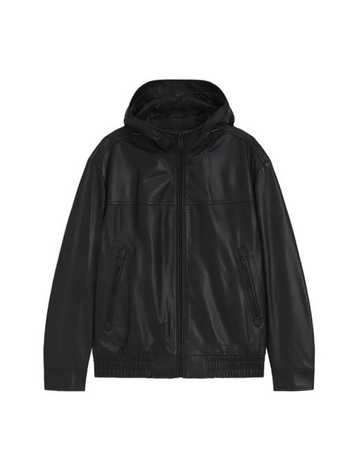 Boss Black Hooded Leather Jacket for men