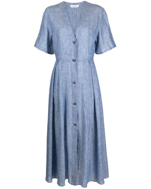 Fabiana Filippi Blue V-neck Chambray Linen Midi Dress