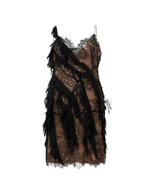 Alberta Ferretti Black Feather-Embellished Lace-Insert Mini Dress
