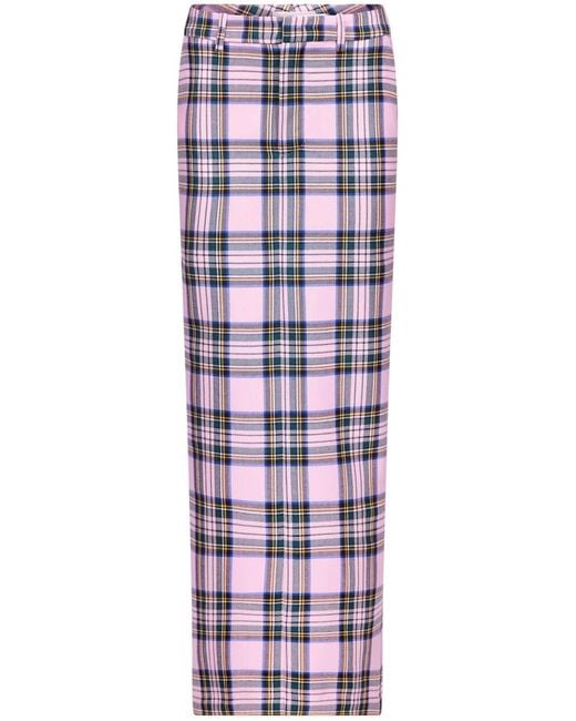 Area Pink Checked Wool Midi Skirt