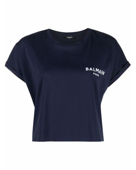 Balmain Blue Flocked-logo Cropped Short-sleeve T-shirt