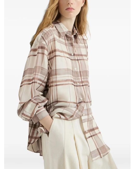Brunello Cucinelli White Silk Pongèe Shirt In Macrocheck Print