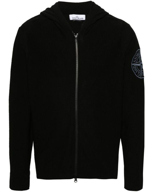 Stone Island Black Compass-embroidered Hooded Cardigan for men