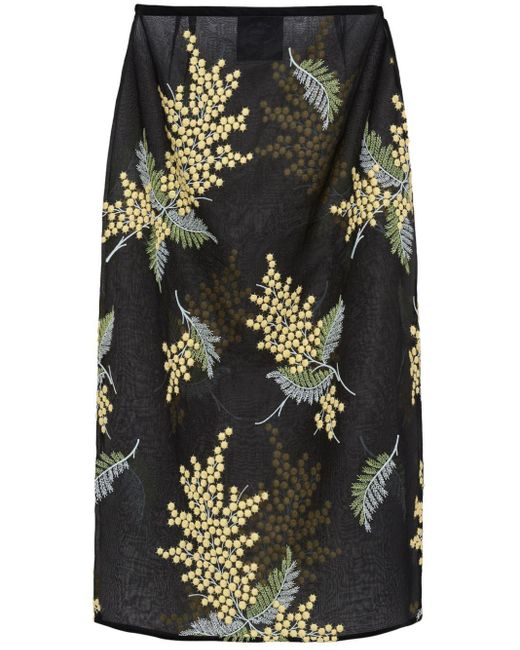 Prada Black Floral-embroidered Midi Skirt