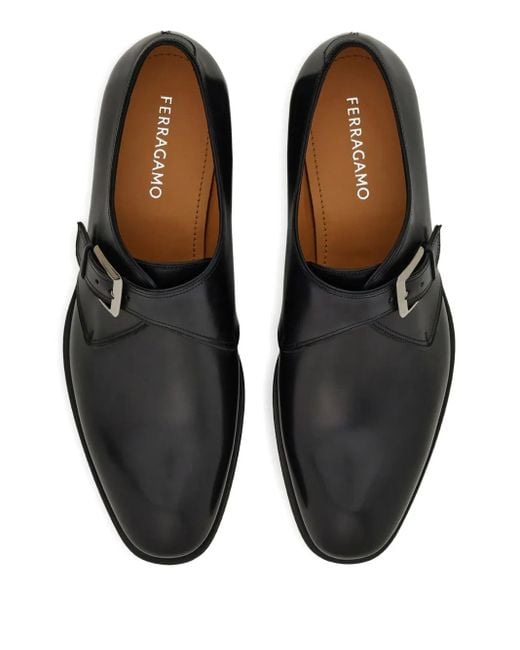 Ferragamo Black Buckle-Fastening Leather Monk Shoes for men