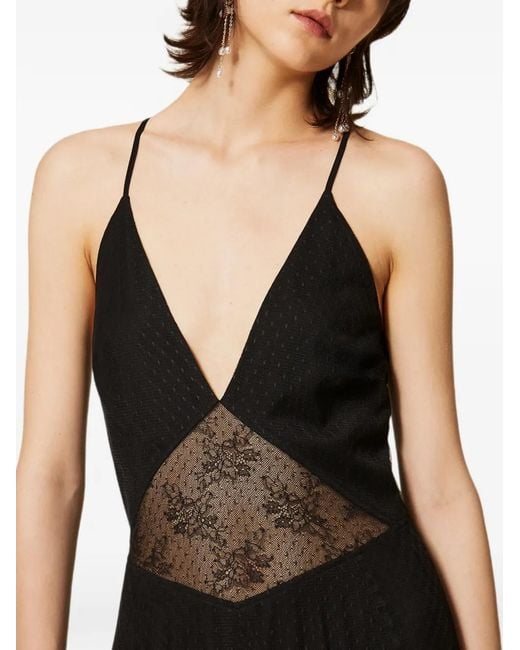 Twinset Black Long Plumetis Tulle Dress With Lace