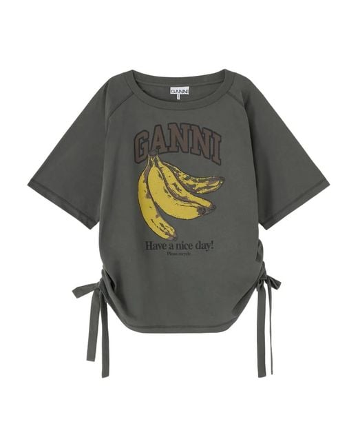 Ganni Gray Anthracite Ss T-Shirt Banana Logo Bow