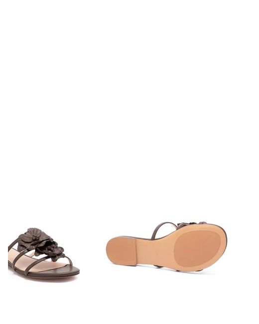 Twinset Brown Flat Leather Sandals With Flower