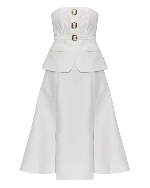 Self-Portrait White Pearl-Button Midi Dress
