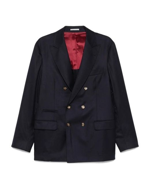 Brunello Cucinelli Blue Double-Breasted Cupro Blazer for men