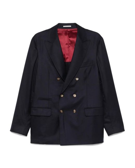 Brunello Cucinelli Blue Double-Breasted Cupro Blazer for men