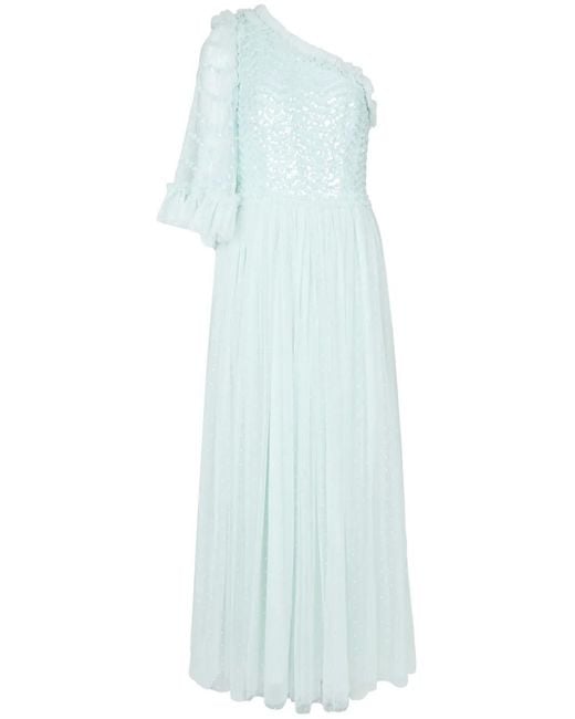 Needle & Thread Blue Sequin-Embellished One-Shoulder Dress