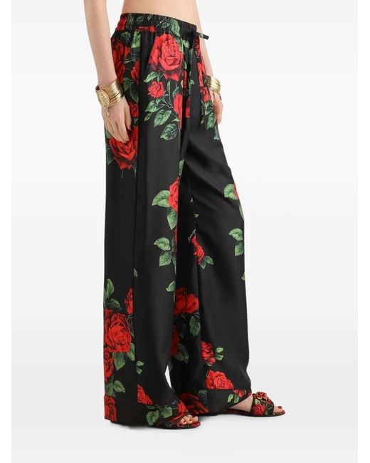 Dolce & Gabbana Red Rose-Print Vanity Silk Trousers