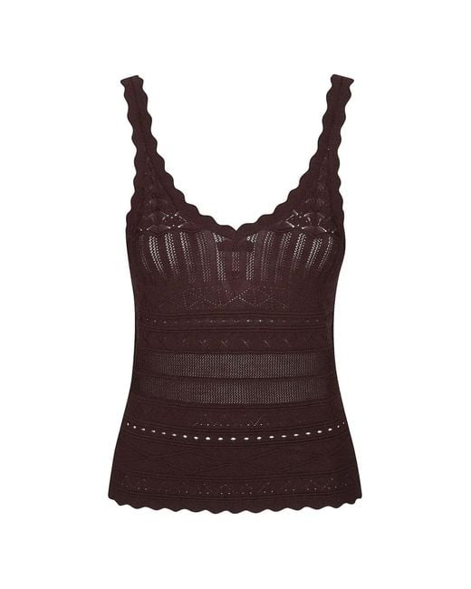 ERMANNO FIRENZE Brown Pointelle-Knit Scalloped-Edge Top