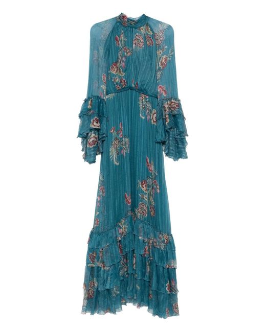 Etro Blue Ruffled Floral-Print Maxi Dress