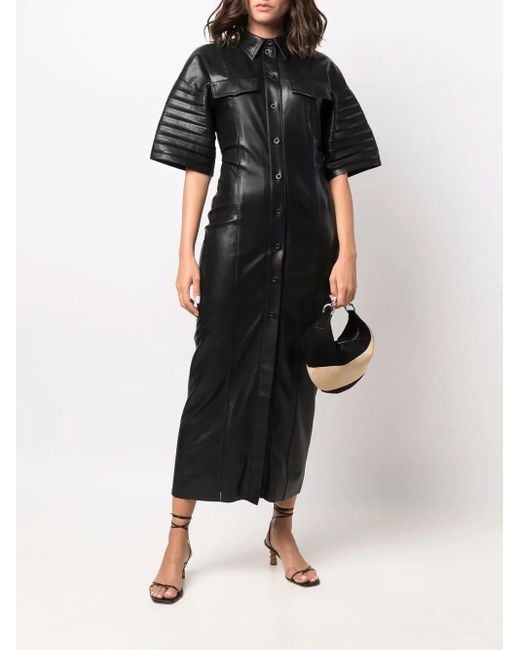 Nanushka Black Faux-Leather Fitted Shirt Dress