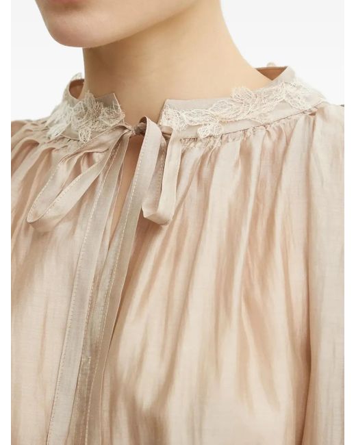 ERMANNO FIRENZE Natural Lace-Trimmed Tie-Neck Top