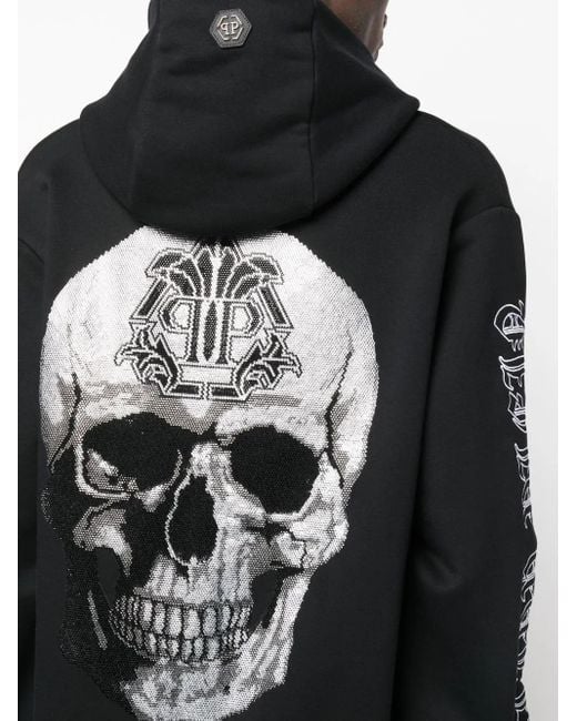 Philipp Plein Black Skull-Print Logo-Embroidered Hoodie for men
