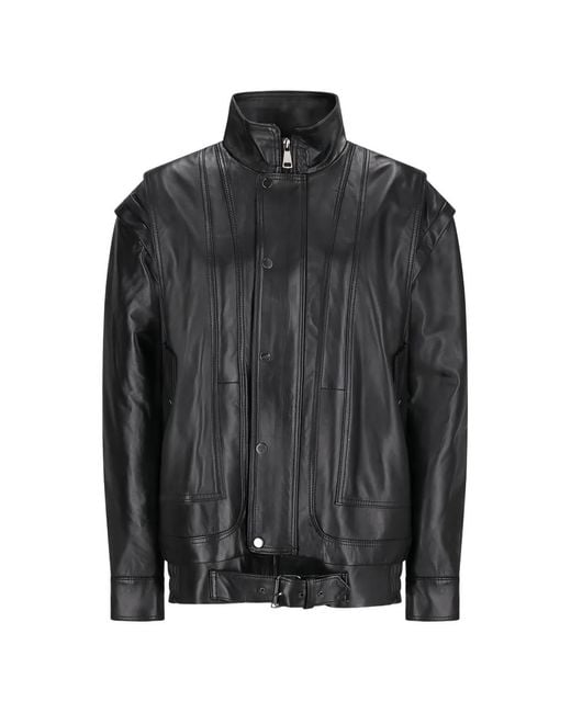 Alessandra Rich Black Removable-Sleeve Leather Bomber Jacket