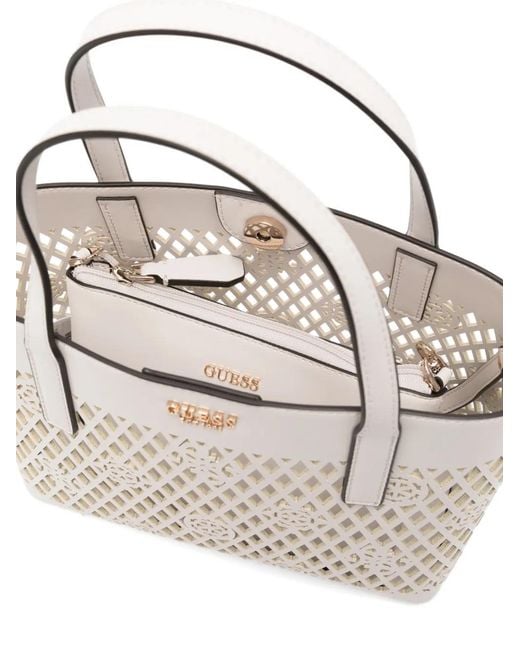 Guess White Mini Letty Laser-Cut Tote Bag