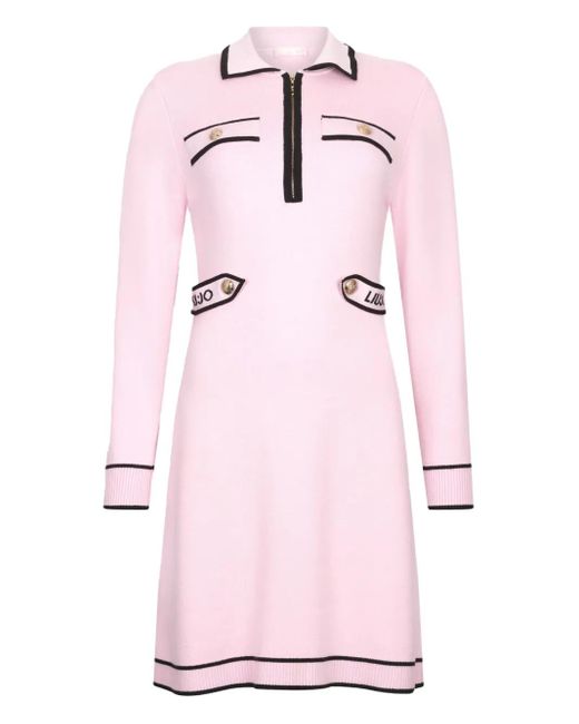 Liu Jo Pink Striped Polo-Neck Zip-Front Mini Dress