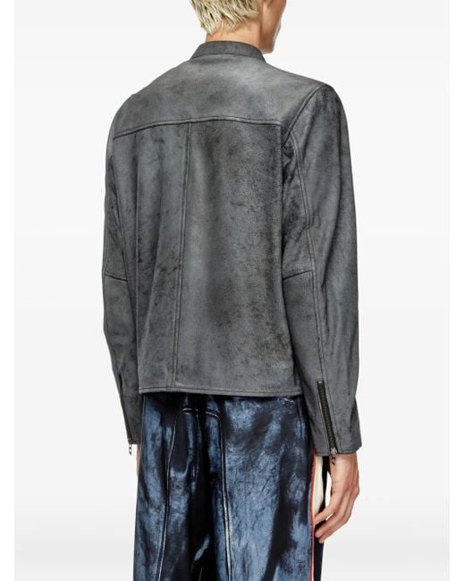 DIESEL Gray Treated Leather Biker Jacket With Faded Logo for men