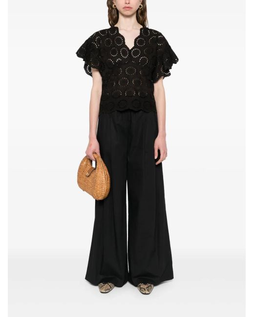 Twinset Black Broderie-Anglaise Cap-Sleeve Blouse