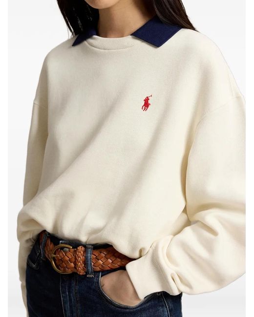 Polo Ralph Lauren White Logo-Embroidered Contrast-Collar Sweater