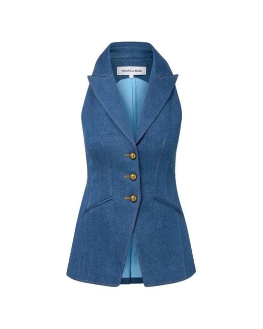 Veronica Beard Blue Costa Peak-Lapel Button Gilet