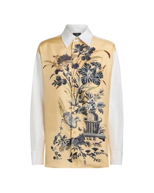 Etro White Cotton And Silk Shirt With Placed Floral Print On The Front