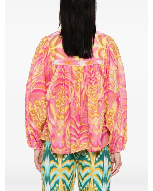 Farm Rio Pink Pineapple Tapestry Tassel-Neckline Patterned Top