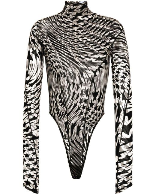 Mugler Black Star-Print Mesh Bodysuit