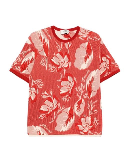 Fendi Red Floral-Pattern Short-Sleeved T-Shirt