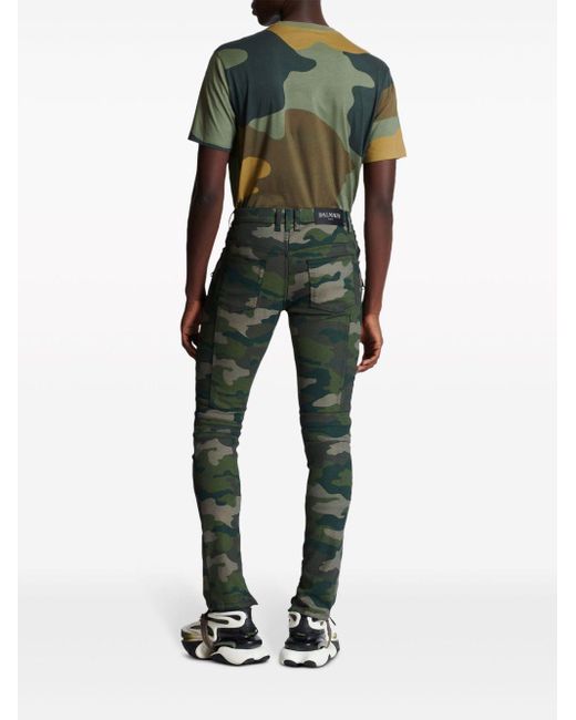 Balmain Green Camouflage-print Slim Jeans for men