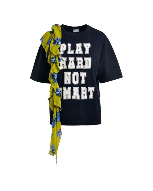 Essentiel Antwerp Blue Ruffled-Trim Printed T-Shirt