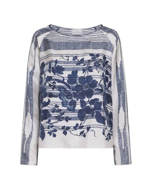Pierre Louis Mascia Blue Aloe Floral-Print Longsleeve Blouse