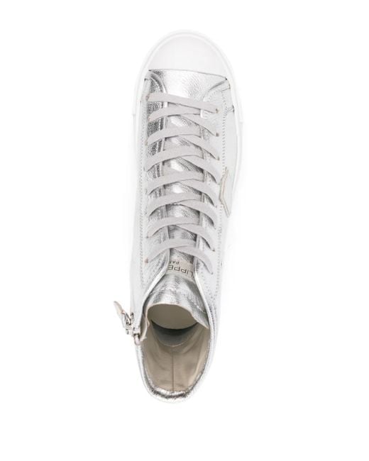 Philippe Model White Metallic Leather Mid-Top Sneakers