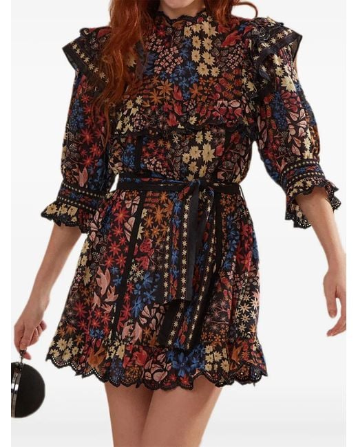Farm Rio Jujus Garden Mini-Jurk Met Bloemenprint En Ruches in het Black
