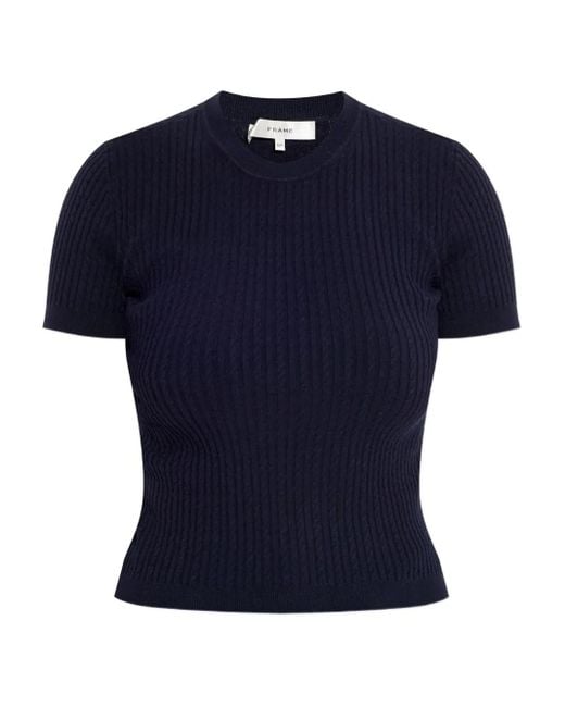 FRAME Blue Ribbed Short-Sleeved Sweater