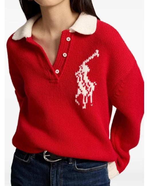 Polo Ralph Lauren Red Pull En Laine À Logo Intarsia