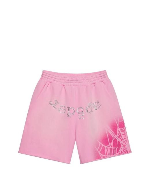 Sp5der Pink Rhinestone-Embellished Spray-Print Track Shorts for men