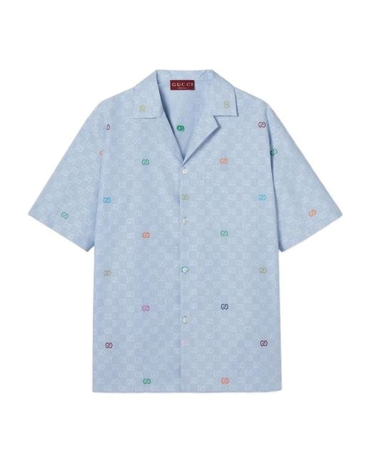 Gucci Gg Detail Short-Sleeve Shirt in Blue for Men | Lyst