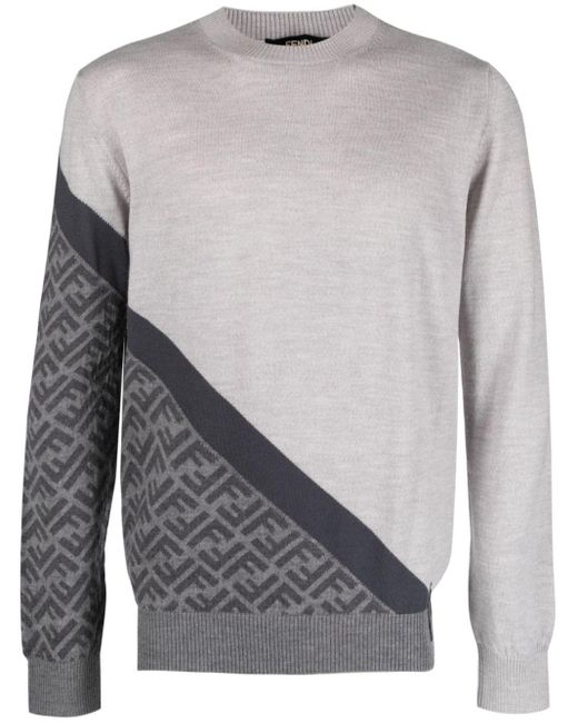 Fendi Gray Ff-pattern Intarsia-knit Jumper for men