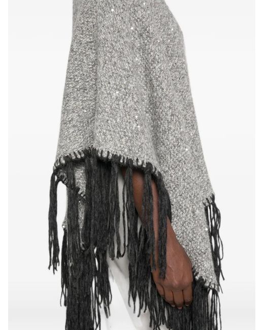 Peserico Gray Sequin-Embellished Fringed Poncho
