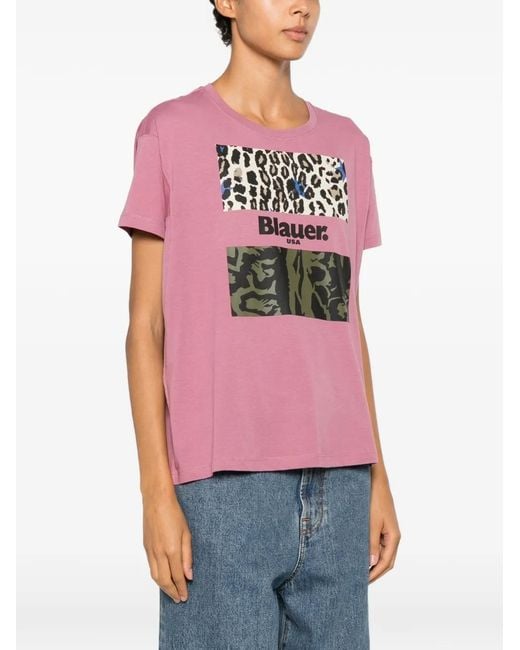 Blauer Pink Logo-Print Leopard-Pattern T-Shirt