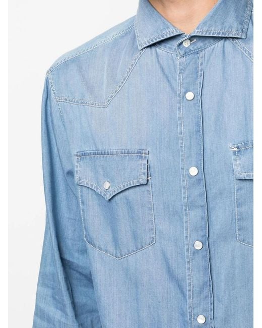 Brunello Cucinelli Blue Denim Cotton Shirt for men