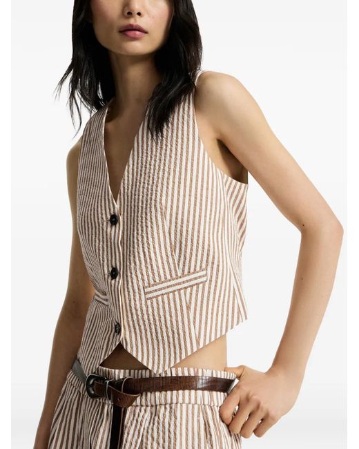 Brunello Cucinelli White Techno-Cotton Striped Seersucker Vest With Monili